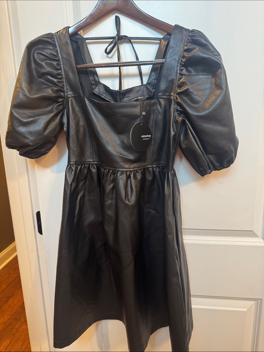 mittoshop Black Faux Leather Mini Dress with Puff Sleeves